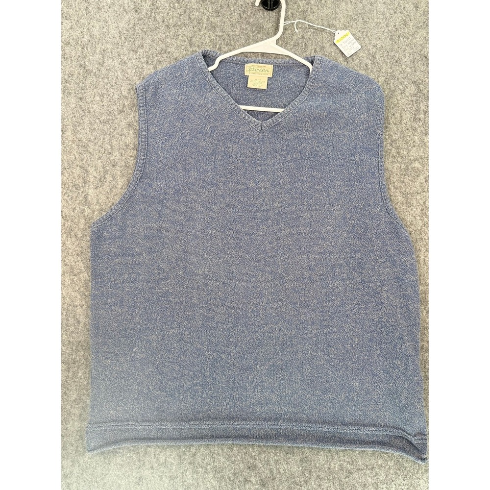 St Johns Bay Mens XL Blue Marled Knit V-Neck Sweater Vest Cotton Made in USA